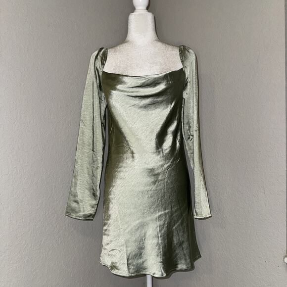 Princess Polly Maia Long Sleeve Mini Dress Women's 6 Sage Green Cowl Neck - Picture 1 of 9